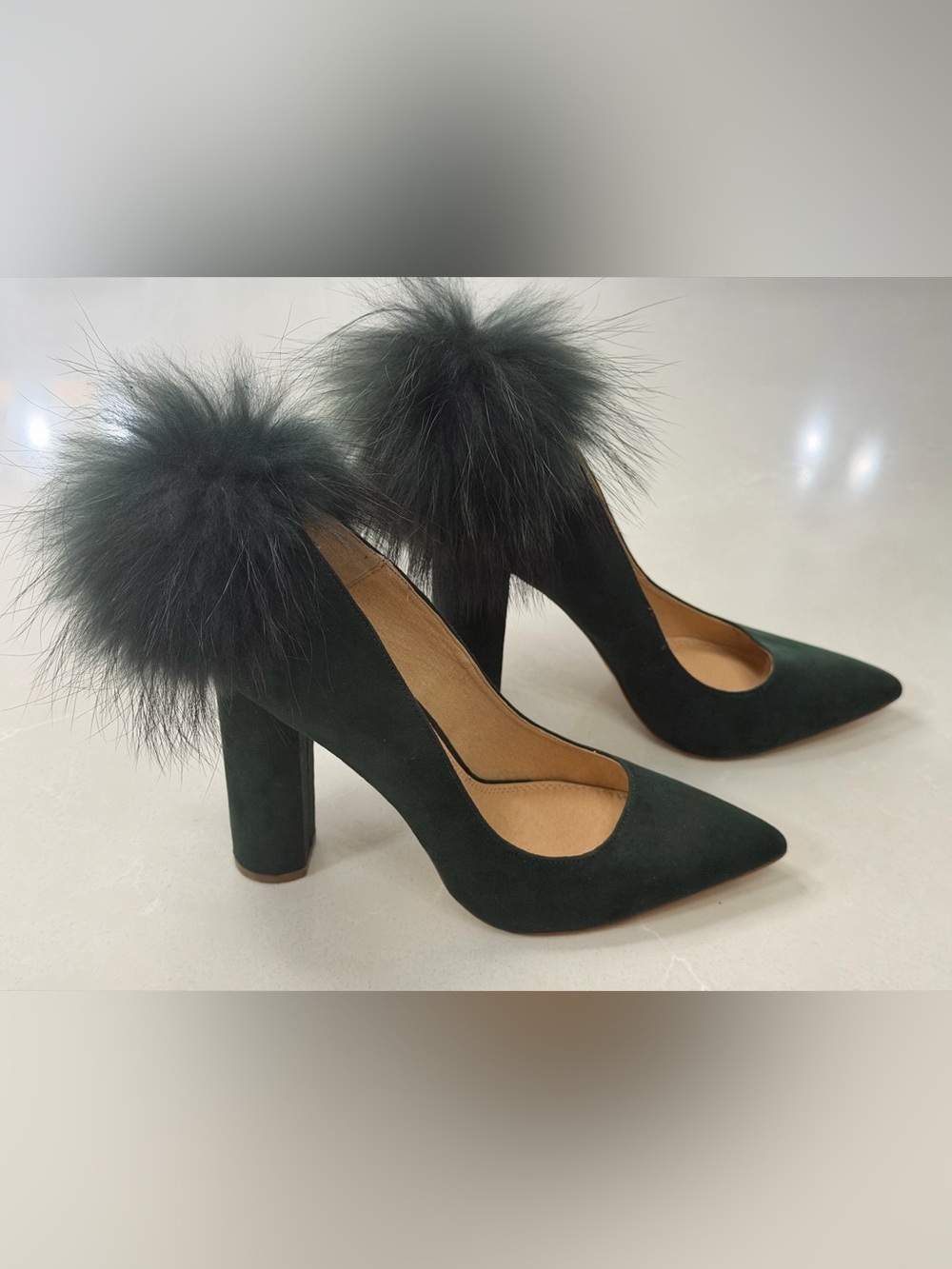 Green Faux Suede Pom Pom Whimsical Block Heel Pumps Size 8